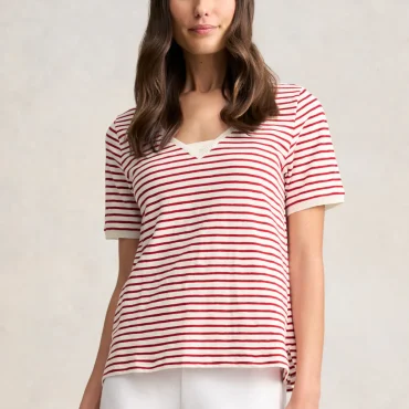 Insert V-Neck Cotton T-Shirt - Rouge & White Stripes
