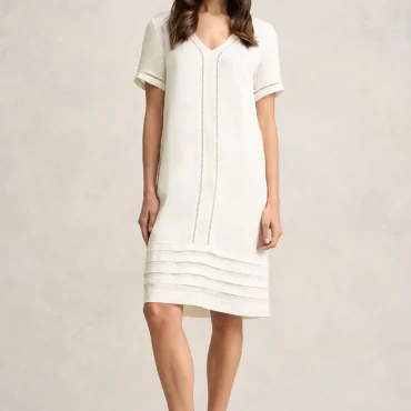 Ladder Trim Linen Dress - Chalk