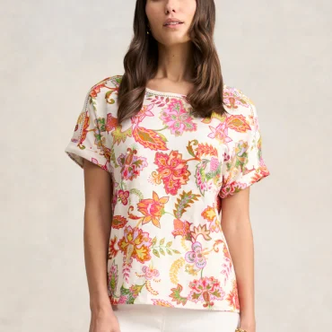 Ladder Trim Tee - Floral White Print