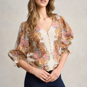 Paisley Border Print Blouse - Cream Paisley Border