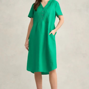 Pleated Front French Linen Dress - Vibrant Green