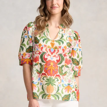 Ruffle Collar Blouse - Tropical Tambour