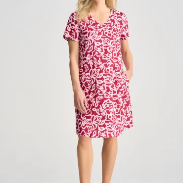 V-Neck Linen Dress - Pink & White Floral